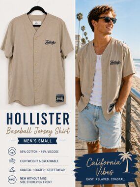 Hollister Baseball Jersey Tan Button Front Logo Shirt Men Size Small